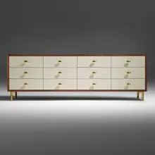 Jason Miller, Classon Low Chest cabinet, model 53S, 2018, brass, walnut, lacquer