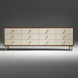 Jason Miller, Classon Low Chest cabinet, model 53S, 2018, brass, walnut, lacquer