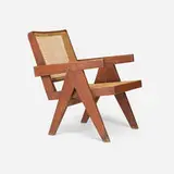 Lounge chair from the Punjab Engineering College, Chandigarh by Pierre Jeanneret, c. 1955, teak, cane, upholstery, sold May 2026