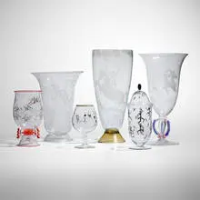 S.A.L.I.R., Collection of five vessels, c. 1919-1935, etched, frosted, and enameled glass