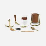 Collection of barware by Carl Auböck II and Carl Auböck III, c. 1946-1950, brass, leather, bamboo, horn, walnut, sold May 2026