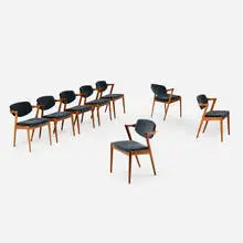 Armchairs, model 42, set of eight by Kai Kristiansen, c. 1966, sycamore, mahogany, velvet upholstery, sold May 2026