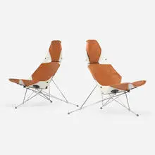 Wendell Lovett, Bikini chairs, pair, vulcanized plastic, leather over foam, chrome-plated steel, rubber