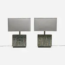 Modern, Hollow-relief table lamps, pair, c. 1975, painted resin, canvas