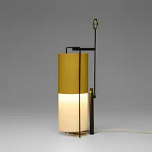Angelo Lelii, Table lamp, c. 1959, enameled aluminum, enameled brass, frosted glass, brass