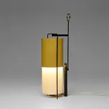 Angelo Lelii, Table lamp, c. 1959, enameled aluminum, enameled brass, frosted glass, brass