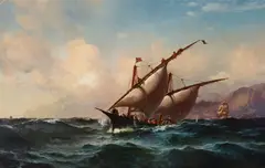 Laurits Bernhard Holst, Pirate Boats Pursued by Man-O-War, 1875, oil on canvas
