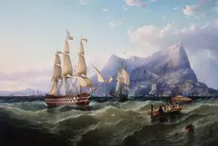A view of the rock of Gibraltar with frigates and a dinghy with figures in the foreground by Rsa John Wilson, oil on canvas, sold Mar 2018
