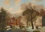 Alexis de Leeuw, A winter landscape with bridge and figures on a path, oil on canvas