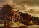 Rutger Verburg, A village scene with figures carousing outside an inn, oil on panel
