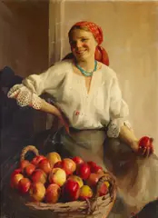 Emil Pop, Apples for sale, oil on canvas