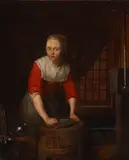 Domenicus van Tol, A portrait of a young woman scouring a plate, oil on canvas