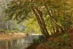 August Jacobsen, A calm river glade, oil on canvas