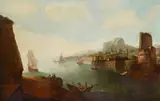 Antonio Joli, A capriccio view of a Mediterranean harbor, oil on canvas