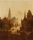 Jan Hendrik Verheijen, Figures by a canal in a town square, oil on panel