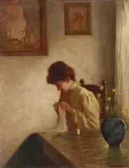 Danish School, A portrait of a woman sewing, oil on canvas laid to masonite