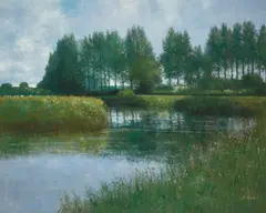 Charles Neal, River Thames, Mid Morning, June, Between Lechlade and Buscot, Gloucestershire, oil on canvas