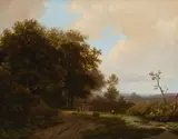 Marinus Adrianus Koekkoek I, Figures conversing on a sandy track at the edge of a forest, 1854, oil on panel
