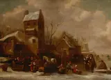 Klaes Molenaer, A winter village scene with skaters beyond, oil on panel
