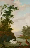Continental School, 18th Century, A village by a lake with deer and numerous birds in the foreground, oil on canvas