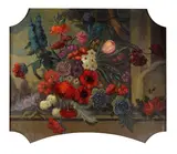 An elaborate arrangement of flowers on a stone ledge (a pair) by English School, both oil on canvas laid to board (irregular shape), sold Mar 2018