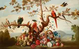 Continental School, 19th Century, An extensive landscape with a still life of birds and flowers in a basket