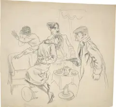 Rudolf Schlichter, Das Attentat im Salon, Um 1922, Bleistift auf halbtransparentem Papier