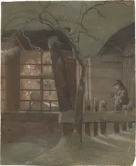 Hans Thoma, Weihnachtsabend, 1864, Aquarell und Feder in Braun, weiß gehöht, auf grünlichem Papier