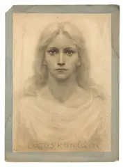 Fidus, Lotoskönigin, 1890, Kohle auf genarbtem Papier, vom Künstler auf Karton aufgezogen und im Rand blau aquarelliert