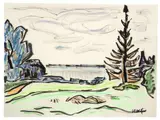 Seenlandschaft mit Tanne. 1960er Jahre by Karl Schmidt-Rottluff, Farbkreide und Tuschpinsel auf Bütten, sold Nov 2013