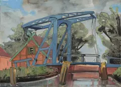 Max Kaus, Schleuse in Bredereiche, 1928, Aquarell und Gouache auf Velin, im Passepartout des Künstlers