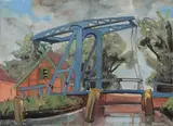 Max Kaus, Schleuse in Bredereiche, 1928, Aquarell und Gouache auf Velin, im Passepartout des Künstlers
