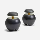 Mushroom stools, pair by Blackman Cruz Workshop, ebonized ash, leather, brass, sold Jan 2026