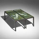 Karin van Leyden, Coffee tables, pair, c. 1940, verre églomisé, iron