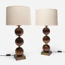 Lika Moore, Triball lamps, pair, Engelmann oak, brass, linen