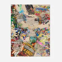 Borna Sammak, Untitled, 2015, heat applied T-shirt graphics and embroidery on canvas