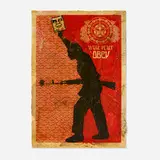 Wage Peace by Shepard Fairey, 2005, screenprint in colors and mixed media collage on paper, HPM, sold Dec 2025