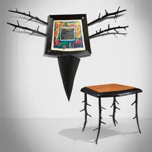 Wendell Castle, Autumn Drive picture table, 1991, ebonized mahogany, madrone burl veneer, mahogany backer veneer, oil pastel on illustration board