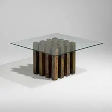 Paul Evans, Rare chess/coffee table, c. 1970, torch-cut, welded, polychromed and patinated steel, glass