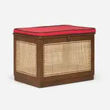 Linen chest from M.L.A. Hostel/Flats, Chandigarh by Pierre Jeanneret, c. 1955-56, teak, cane, upholstery, sold May 2026