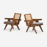 Lounge chairs from Chandigarh, pair by Pierre Jeanneret, c. 1955-56, teak, cane, velvet upholstery, sold May 2026
