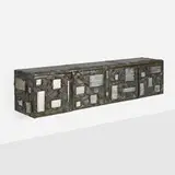 Paul Evans, Sculpted Bronze wall-hanging cabinet, model PE 42, c. 1970, bronze resin over wood with brushed aluminum tile inserts, slate