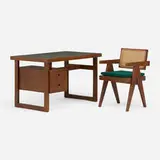 Desk and chair from Chandigarh by Pierre Jeanneret, teak, leather, cane, upholstery, aluminum, sold May 2026