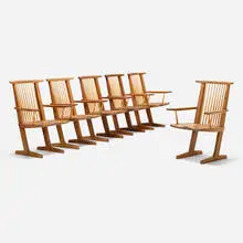 Conoid Host armchairs, set of six by Mira Nakashima, 2001, American black walnut, hickory, rosewood, sold May 2026