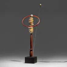 Twirling #4 by Garry Knox Bennett, 2002, painted wood, multi-axis turned wood by Mark Sfirri, brass, mahogany, motor, sold Apr 2026