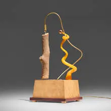 Woodturning & Glass—Two of My Favorite Things by Garry Knox Bennett, 2005, glass, maple, gold-plated brass, walnut, copper, wood, motor, sold Apr 2026