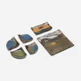 Collection of four slabs and two plates by Toshiko Takaezu, c. 1985, glazed stoneware, glazed porcelain, sold Apr 2026
