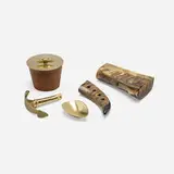 Carl Auböck, Collection of five tabletop accessories, 1940-1959, horn, brass, aluminum, leather