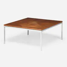 Florence Knoll, Coffee table, model 2518, 1958, walnut veneer, chrome-plated steel
