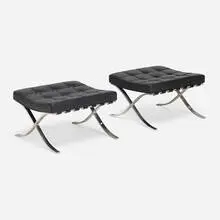 Barcelona ottomans, pair by Ludwig Mies van der Rohe, leather upholstery, stainless steel, sold May 2026